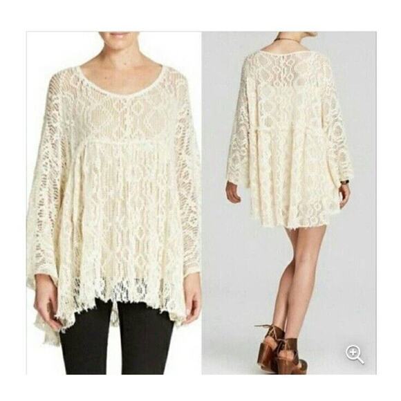Free People XS/S Crochet Lace Mini Cover Up Top Mini Dress Oversized Cream - Picture 1 of 13